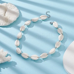 女性用アクリルシェルビーズリンクネックレス  304ステンレススチール製ロブスタークロウ留め金付き  ホワイト  15-1/2インチ（39.4cm）&nbsp;NJEW-JN04297
