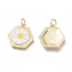 真鍮チャーム  エナメルと丸カン付き  長持ちメッキ  カドミウムフリーと鉛フリー＆ニッケルフリー  花と六角形  ホワイト  18KGP本金メッキ  16x16x2.5mm  穴：3.4mm&nbsp;KK-I673-16G
