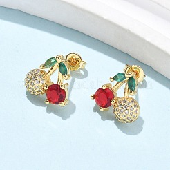 真鍮製キュービックジルコニアスタンドピアス  チェリー  18KGP本金メッキ  12.5x12.5mm&nbsp;LS-EJEW-Q017-03B-G