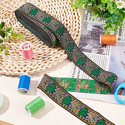 エスニック風刺繍ポリエステルリボン  葉の模様  グリーン  1-3/8インチ（34mm）  約7.66ヤード（7m）/ロール&nbsp;OCOR-WH0067-74I