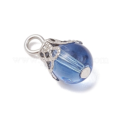 ガラスチャーム  ラウンド  鉄ビーズキャップと平頭ピンループ付き  ディープスカイブルー  16x8.5mm  穴：2.5mm&nbsp;PALLOY-JF03284-02