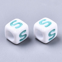 不透明な白いアクリルビーズ  エナメル  水平穴  混合色の文字と立方体  文字.s  6x6x6mm  穴：3mm  約2900個/500g&nbsp;SACR-R252-02S