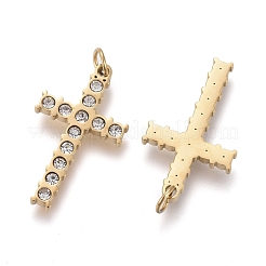 316サージカルステンレスペンダント  クリスタルラインストーンと丸カン付き  クロス  ゴールドカラー  18x10x1.5mm  穴：2.5mm&nbsp;STAS-F256-016G