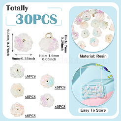 5色のツートン樹脂チャーム30個  花  グリッターパウダーとプラチナループ付き  ミックスカラー  9x9.5x7mm  穴：1.6mm  6個/カラー&nbsp;RESI-TA0005-71