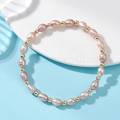 天然養殖淡水真珠ビーズストレッチブレスレット女性用  ライス  電気めっき非磁性合成ヘマタイト  ミックスカラー  ビーズ：8~9x6~6.5 4 MMXミリメートル  内径：2.05インチ（5.2cm）&nbsp;BJEW-JB13540