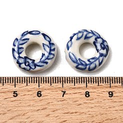 手作りの陶器ビーズ  小麦模様のフラットラウンド  青と​​白の磁器  スチールブルー  18.5~19x6.5~7.5mm  穴：1.2~1.4mm&nbsp;PORC-K010-01