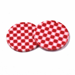 不透明なセルロースアセテート（樹脂）ペンダント  グリッド模様付きフラットラウンド  レッド  27.5x27.5x2.5mm  穴：1.4mm&nbsp;X-KY-Q057-002B-A02