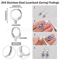 304ステンレススチールフレンチフックピアス金具80個  カン付き  銀  14x12x2mm  穴：1.2mm  ピン：0.6x1mm&nbsp;STAS-SC0006-42