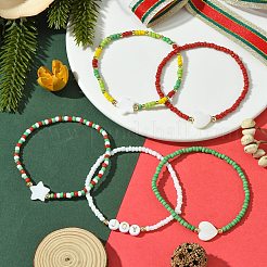 クリスマステーマのガラスシードビーズストレッチブレスレット5個、5スタイル、女性用  貝殻とアクリルビーズ付き  ミックスカラー  内径：2-3/8インチ（6cm）  1個/スタイル&nbsp;BJEW-TA00533