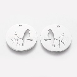 変色しない304ステンレススチールペンダント  鳥とフラットラウンド  ステンレス鋼色  20x1.1mm  穴：1.5mm&nbsp;LS-STAS-Q201-T403