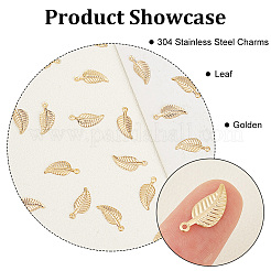 304ステンレススチールチャーム  葉  ゴールドカラー  14.5x6x1mm  穴：1.2mm  60個/箱&nbsp;STAS-UN0017-54G
