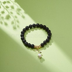 天然溶岩と合成ヘマタイト ビーズ ストレッチ ブレスレット  女性のための合金エナメル ローズ オブ ライフ チャーム ブレスレット  ホワイト  内径：2-1/4インチ（5.7cm）&nbsp;BJEW-JB08689-02