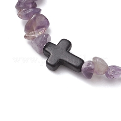 天然アメジストチップストレッチブレスレット女性男性用  クロス  内径：2-1/8インチ（5.5cm）&nbsp;BJEW-JB11341-08
