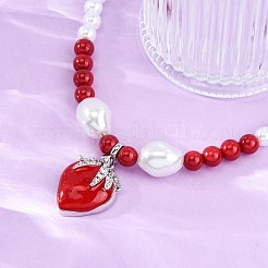 Strawberry Brass Micro Pave Clear Cubic Zirconia Red Enamel Pendant Necklaces for Women&nbsp;NJEW-G162-04P