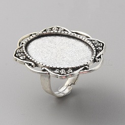 調節可能な合金の指輪の部品  パッドリングベースのセッティング  楕円形のトレイを持つ花  アンティークシルバー  内径：18~20mm  トレイ：20x30mm&nbsp;PALLOY-WH0101-37AS
