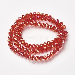 電気メッキ透明ガラスビーズ連売り  フル虹メッキ  多面カット  ロンデル  レッド  4x3mm  穴：0.4mm  約100~110個/連  37~39cm&nbsp;EGLA-A034-T4mm-T02