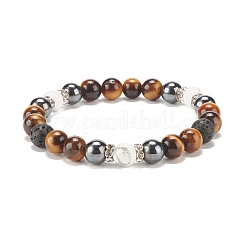 Natural Gemstone & Lava Rock & Howlite & Synthetic Hematite Round Beaded Stretch Bracelet&nbsp;BJEW-JB08180