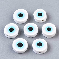 手作り樹脂粘土ビーズ  ナザールボンジュウ付きフラットラウンド  ホワイト  10.5~12.5x3.5~4.5mm  穴：1.5mm&nbsp;X-CLAY-ZX006-07B