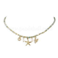 Ocean Brass and Alloy Starfish Shell Shape Pendant Natural Amazonite and Pearl Beaded Necklaces for Women&nbsp;NJEW-JN06418