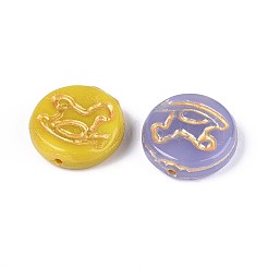 ガラスビーズ  揺り木馬付きのフラットラウンド  ゴールドライン入り  ミックスカラー  15x4~5mm  穴：1mm&nbsp;LAMP-T021-51M