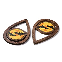 ハロウィンテーマの片面プリントアスペンウッドビッグペンダント  ティアドロップチャーム  バット模様  54.5x34x2.5mm  穴：1.6mm&nbsp;WOOD-G015-05G