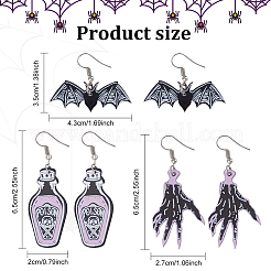 3 Pairs 3 Style Skeleton Hand & Bat & Bottle Acrylic Dangle Earrings for Halloween&nbsp;EJEW-AN0002-93