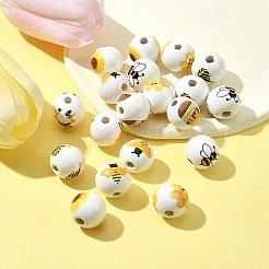 10Pcs Bees Theme Printed Wooden Beads&nbsp;WOOD-FS0001-15