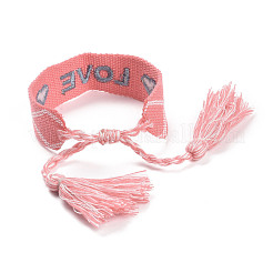 Word Love Polycotton(Polyester Cotton) Braided Bracelet with Tassel Charm&nbsp;BJEW-F429-06