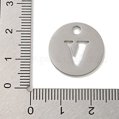 変色しない304ステンレススチールペンダント  ステンレス鋼色  アルファベット付きフラットラウンド  V字  19x1.2mm  穴：2.5mm&nbsp;STAS-F233-M-P01-A-V