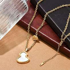 Ion Plating(IP) 304 Stainless Steel Pave Natural Shell Gourd Pendant Cable Chain Necklaces for Women&nbsp;NJEW-M078-02G-01
