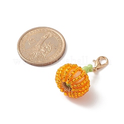 ガラスシードビーズペンダント装飾  木製ビーズと亜鉛合金カニカン付き  カボチャ  オレンジ  3.3cm&nbsp;HJEW-JM00918
