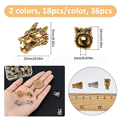 36個2色チベット風合金ビーズ  竜の頭  アンティークシルバー＆アンティーク金色  9x15x10mm  穴：2mm  18個/カラー&nbsp;PALLOY-FH0008-75