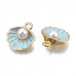 合金ペンダント  ABSプラスチックイミテーションパールとエナメル  パールシェル  ライトゴールド  空色  16x15x7mm  穴：1.5mm&nbsp;X-ENAM-S119-034A-01LG