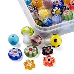 50個4スタイルの手作りランプワークビーズ  丸 & 平 丸 & きのこ & 花  ミックスカラー  3.2~14x3.2~11mm  穴：1~1.5mm&nbsp;LAMP-FS0001-06