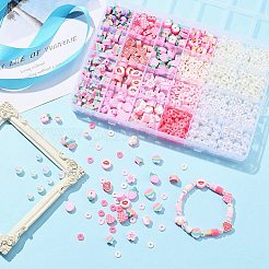 DIYジュエリー作りの発見キット  ポリマー粘土と ABS プラスチック模造パールビーズを含む  ハート＆フラワー＆スター＆リンゴ＆レインボー  ピンク&nbsp;DIY-YW0007-81
