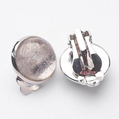 天然クリスタル真鍮クリップオンイヤリング  フラットラウンド  透明  14x10mm&nbsp;EJEW-A051-B007