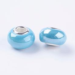 手作り陶器ヨーロピアンビーズ  シルバーカラーの真鍮の二重コアを持つ  ロンデル  空色  15x10~11mm  穴：5mm&nbsp;OPDL-G001-5
