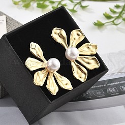 真鍮の花のスタッドピアス  ABSの模造パールと  鉛フリー＆カドミウムフリー  長持ちメッキ  ラックめっき  左右  18KGP本金メッキ  35.5x23mm&nbsp;EJEW-R016-05G