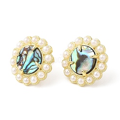 Ion Plating(IP) Natural Shell Flower Stud Earrings with Plastic Pearl Beaded&nbsp;EJEW-E599-04G-03