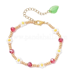 女性用ガラスシードビーズブレスレット  花  アクリルと亜鉛合金を使用  ホワイト  7-3/8インチ（18.7cm）&nbsp;BJEW-MZ00241-01
