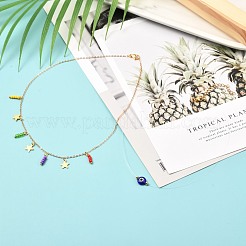 真鍮製アズキチェーンペンダントネックレスセット  ナイロンワイヤー付き  304ステンレススチール製の金具とガラスのシードビーズとナザールボンジュウランプワークペンダント  ブルー  15.94インチ（40.5cm）  13.58インチ（34.5cm）  2個/セット&nbsp;NJEW-JN03721-02
