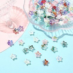 100個6色電気メッキツートン透明樹脂ビーズ  花  ミックスカラー  11x12x3.5mm  穴：1.6mm&nbsp;RESI-CJ0005-28
