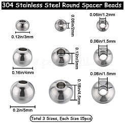 450個3スタイル304ステンレススチールラウンドビーズ  ステンレス鋼色  3~5x2~4.5mm  穴：1.2~1.5mm  150個/スタイル&nbsp;STAS-BBC0003-44