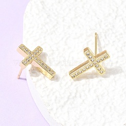 クロス真鍮マイクロパヴェクリアキュービックジルコニアスタッドピアス  カドミウムフリー＆鉛フリー  長持ちメッキ  ラックめっき  18KGP本金メッキ  14x10.5mm&nbsp;EJEW-C186-18G-01