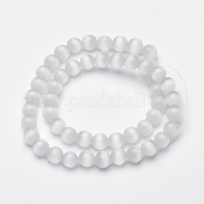 キャッツアイビーズ  ラウンド  ホワイト  8mm  穴：1mm  14.5インチ/連  約49個/連&nbsp;X-CER8mm01-1