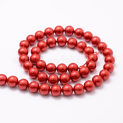 シェルパールビーズ連売り  ラウンド  グレードA  レッド  8mm  穴：1mm  約47個/連  15.5インチ&nbsp;BSHE-L026-08-8mm-1
