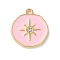 Alloy Enamel Pendants, with Rhinestone, Golden, Flat Round with Star Charm, Pink, 23x21x1.5mm, Hole: 1.6mm