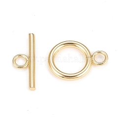 Brass Toggle Clasps, Cadmium Free & Lead Free, Long-Lasting Plated, Ring, Real 18K Gold Plated, Bar: 6x18x2.1mm, Hole: 2.4mm, Ring: 16.5x13.2x2.2mm, Hole: 2.4mm