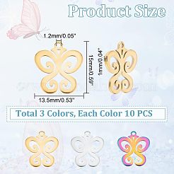30個3色304ステンレススチールチャーム  蝶  ミックスカラー  15x13.5x1mm  穴：1.2mm  10個/カラー&nbsp;STAS-DC0011-91