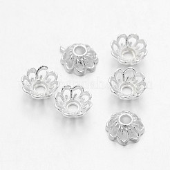 チベットスタイルの派手なビーズキャップ  花  銀色のメッキ  9x4mm  穴：2mm&nbsp;TIBEB-E017-S